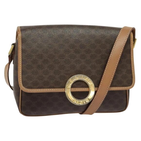 CELINE Macadam Canvas Circle Shoulder Bag PVC Leather Brown Gold - Picture 1 of 16